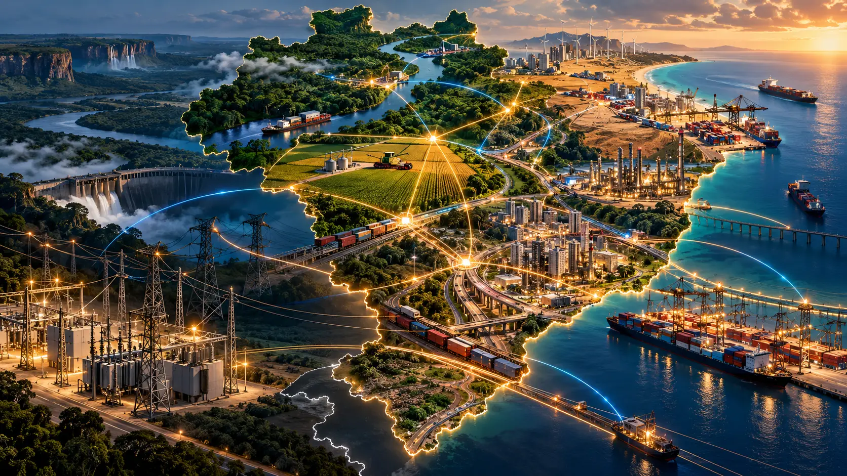 Map of Brazil integrated by energy, logistics, industry, agriculture and port networks.