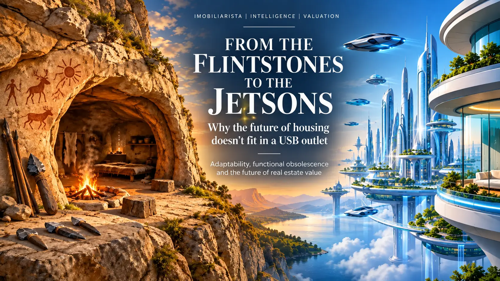 From the Flintstones to the Jetsons: the evolution of housing from a prehistoric cave to a futuristic city, representing adaptability, technology and real estate value.
