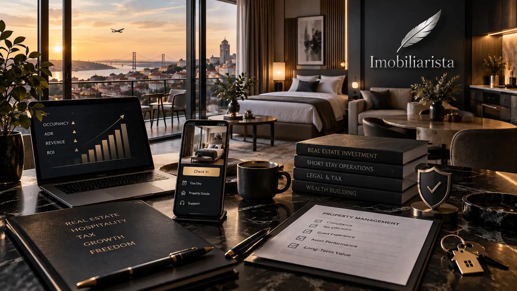 Professional short-stay apartment with occupancy and revenue dashboard, digital check-in and real estate investment planning.