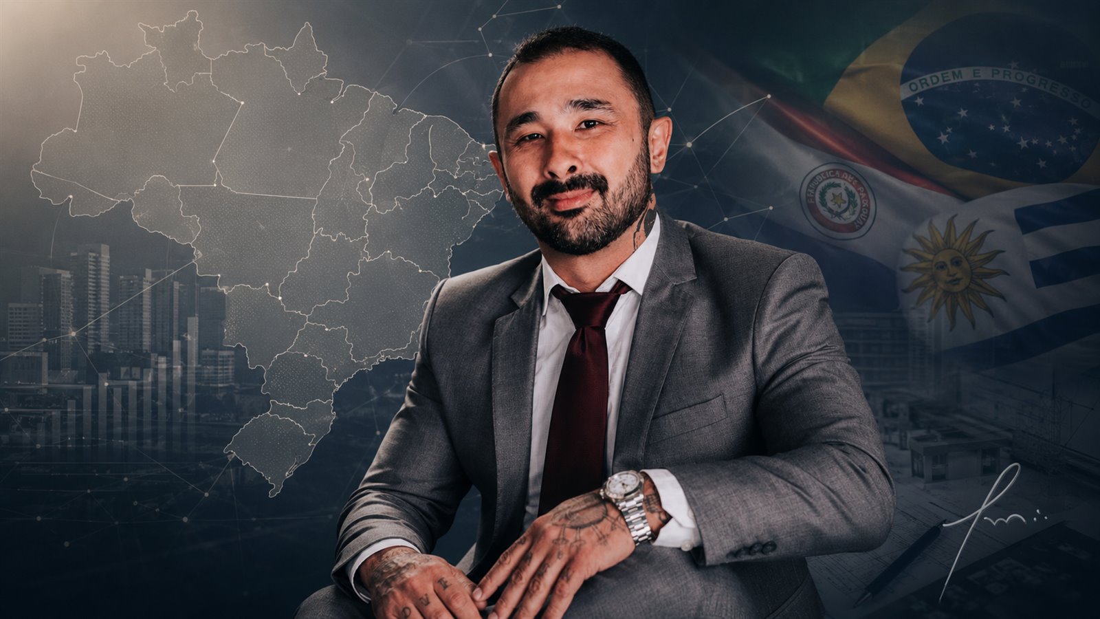 Totti Maikuma with Brazil and Mercosur visual background